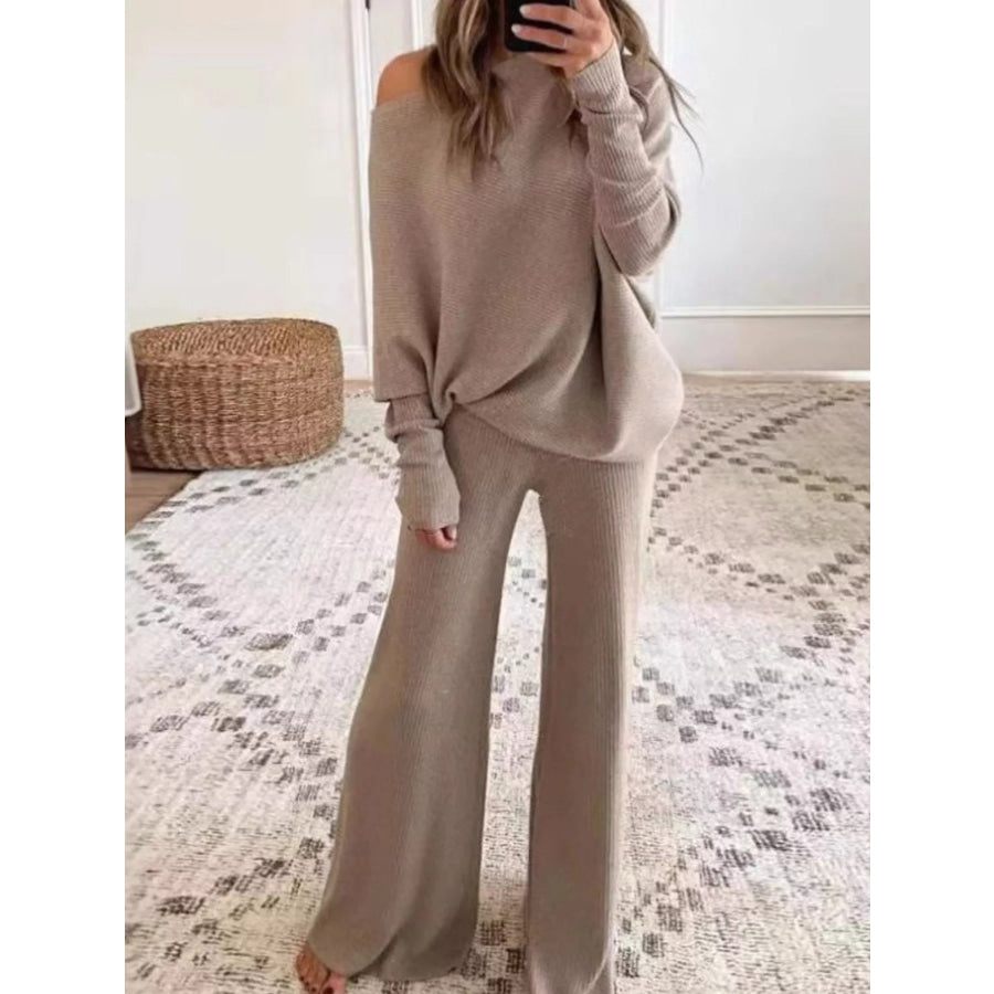 Full Size One-Shoulder Ribbed Knit Top and Wide Leg Pants Set Plus Khaki / S Apparel Accessories