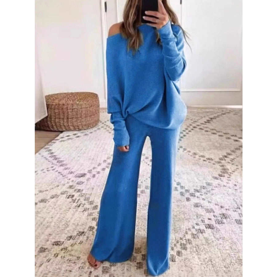 Full Size One-Shoulder Ribbed Knit Top and Wide Leg Pants Set Plus Lake Blue / S Apparel Accessories