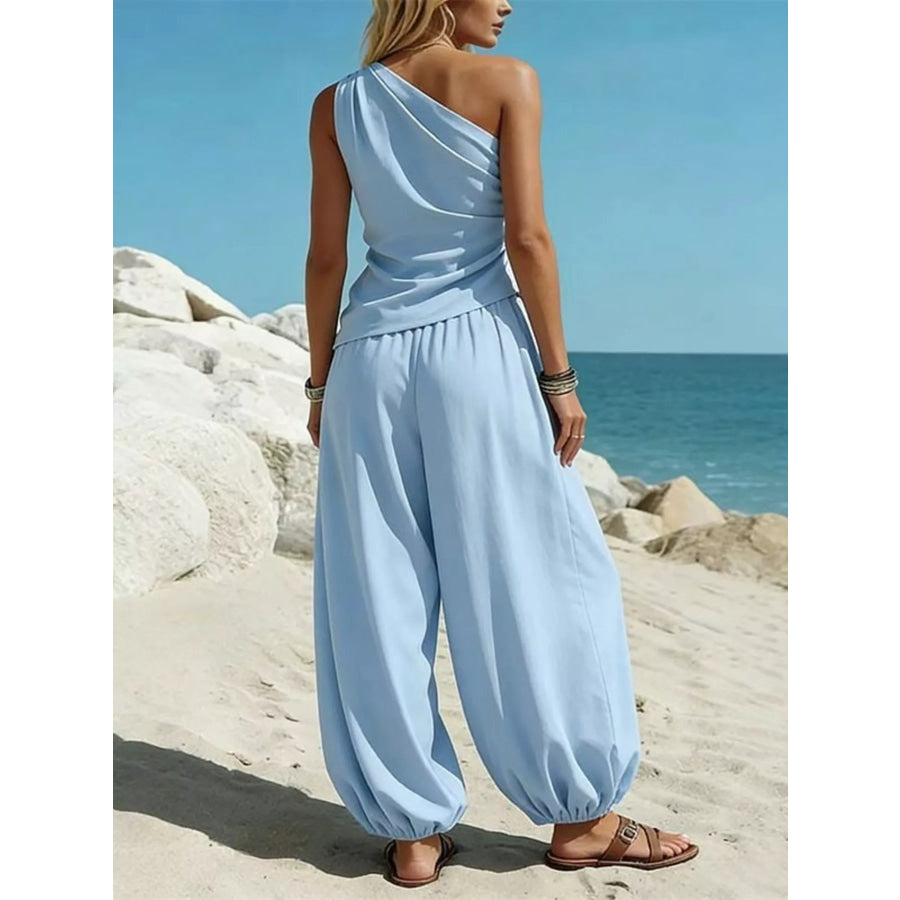 Full Size One-Shoulder Sleeveless Top and Harem Pants Set Plus Apparel Accessories