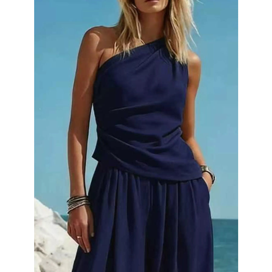 Full Size One-Shoulder Sleeveless Top and Harem Pants Set Plus Apparel Accessories