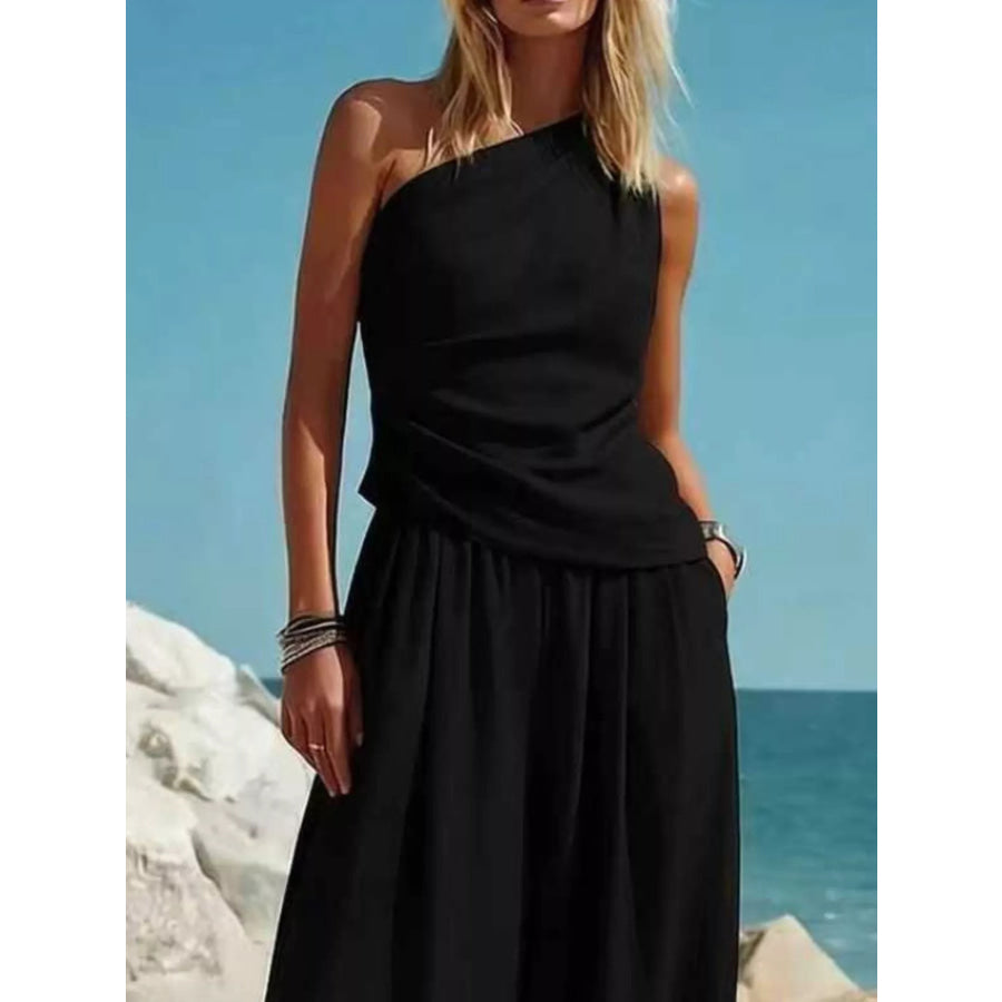 Full Size One-Shoulder Sleeveless Top and Harem Pants Set Plus Apparel Accessories