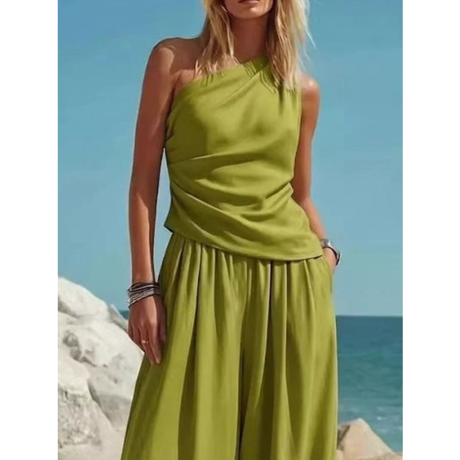 Full Size One-Shoulder Sleeveless Top and Harem Pants Set Plus Apparel Accessories