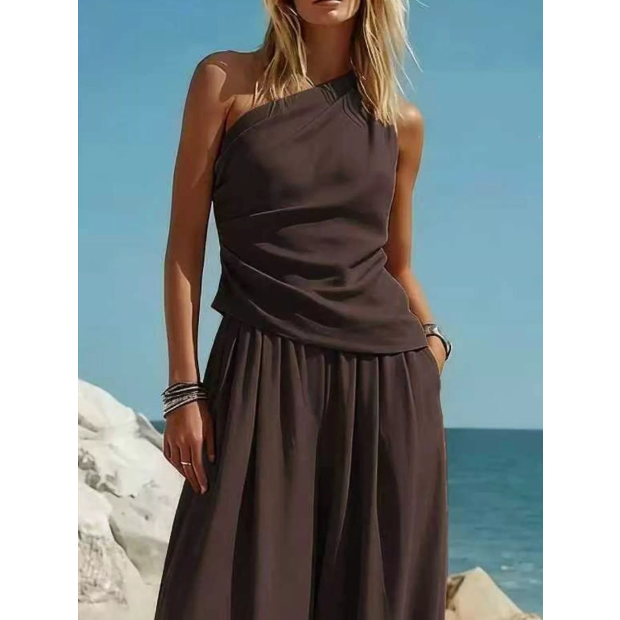 Full Size One-Shoulder Sleeveless Top and Harem Pants Set Plus Apparel Accessories