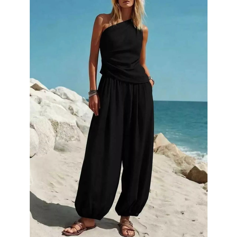 Full Size One-Shoulder Sleeveless Top and Harem Pants Set Plus Black / S Apparel Accessories