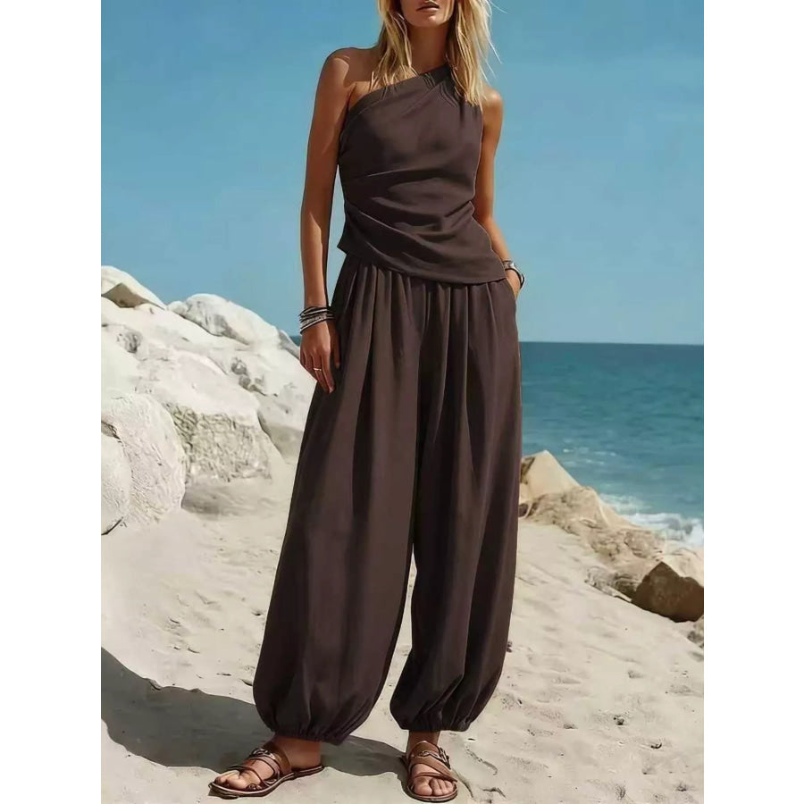 Full Size One-Shoulder Sleeveless Top and Harem Pants Set Plus Brown / S Apparel Accessories