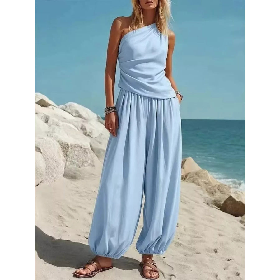 Full Size One-Shoulder Sleeveless Top and Harem Pants Set Plus Light Blue / S Apparel Accessories