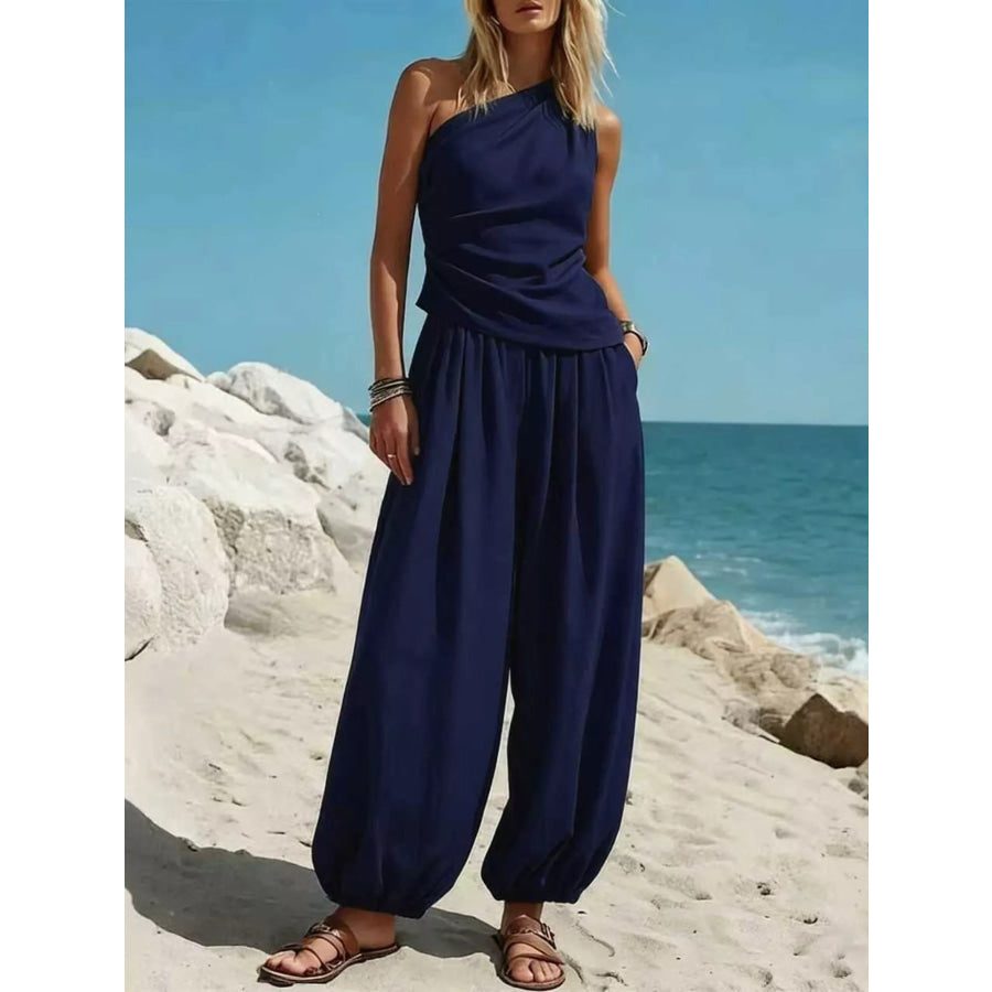 Full Size One-Shoulder Sleeveless Top and Harem Pants Set Plus Navy Blue / S Apparel Accessories