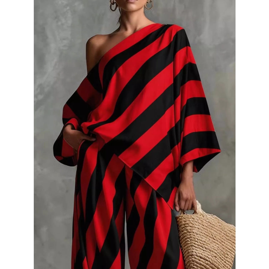 Full Size One-Shoulder Striped Top and Wide-Leg Pants Set Plus Size Apparel and Accessories