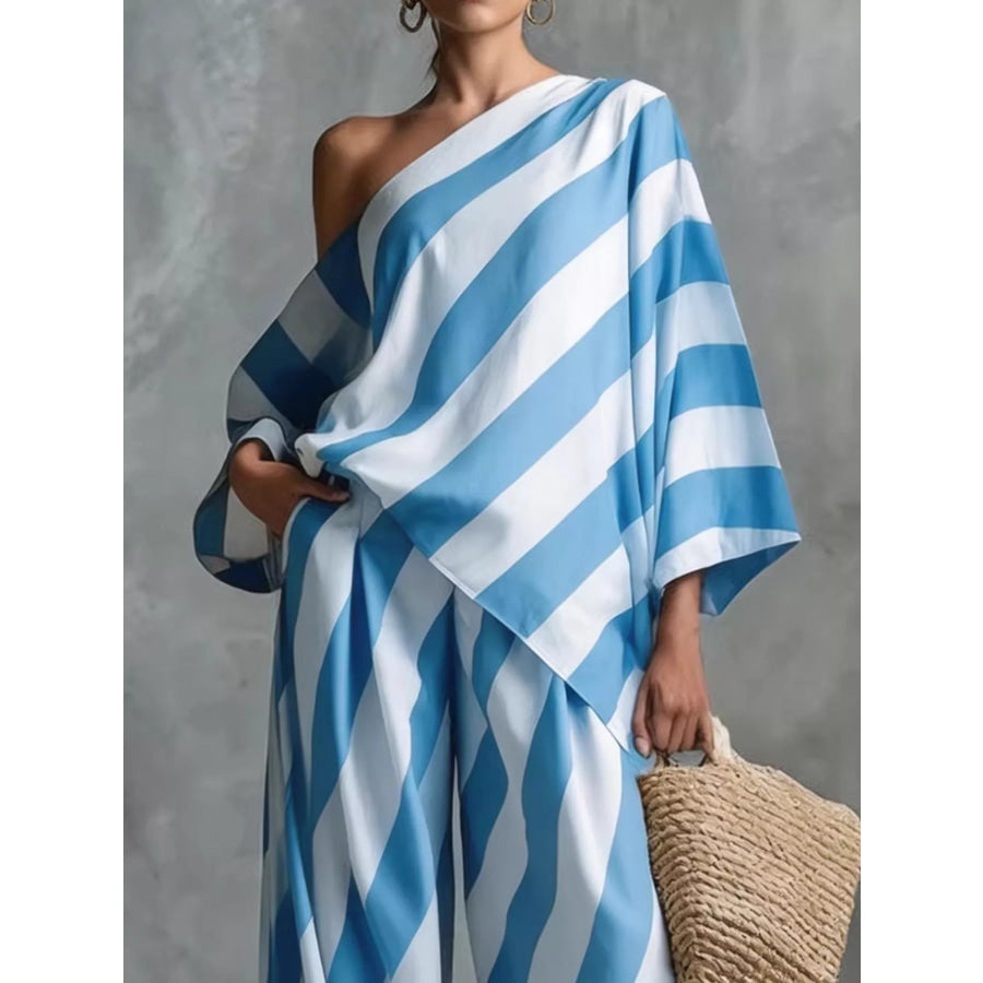 Full Size One-Shoulder Striped Top and Wide-Leg Pants Set Plus Size Apparel and Accessories