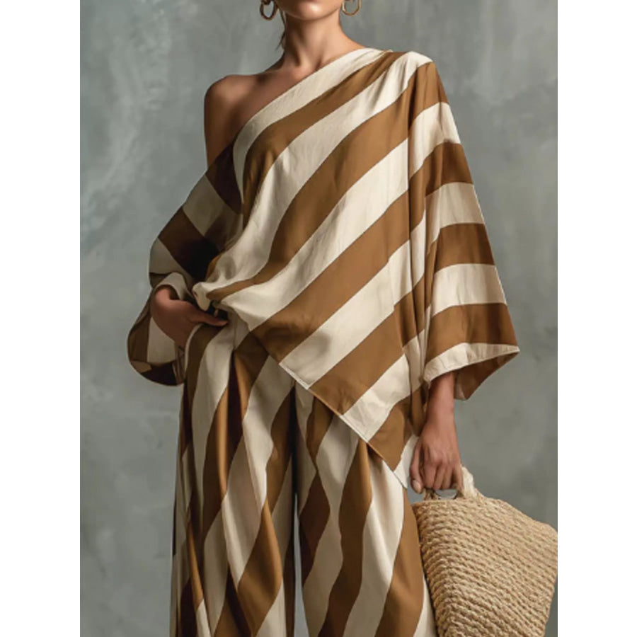 Full Size One-Shoulder Striped Top and Wide-Leg Pants Set Plus Size Apparel and Accessories