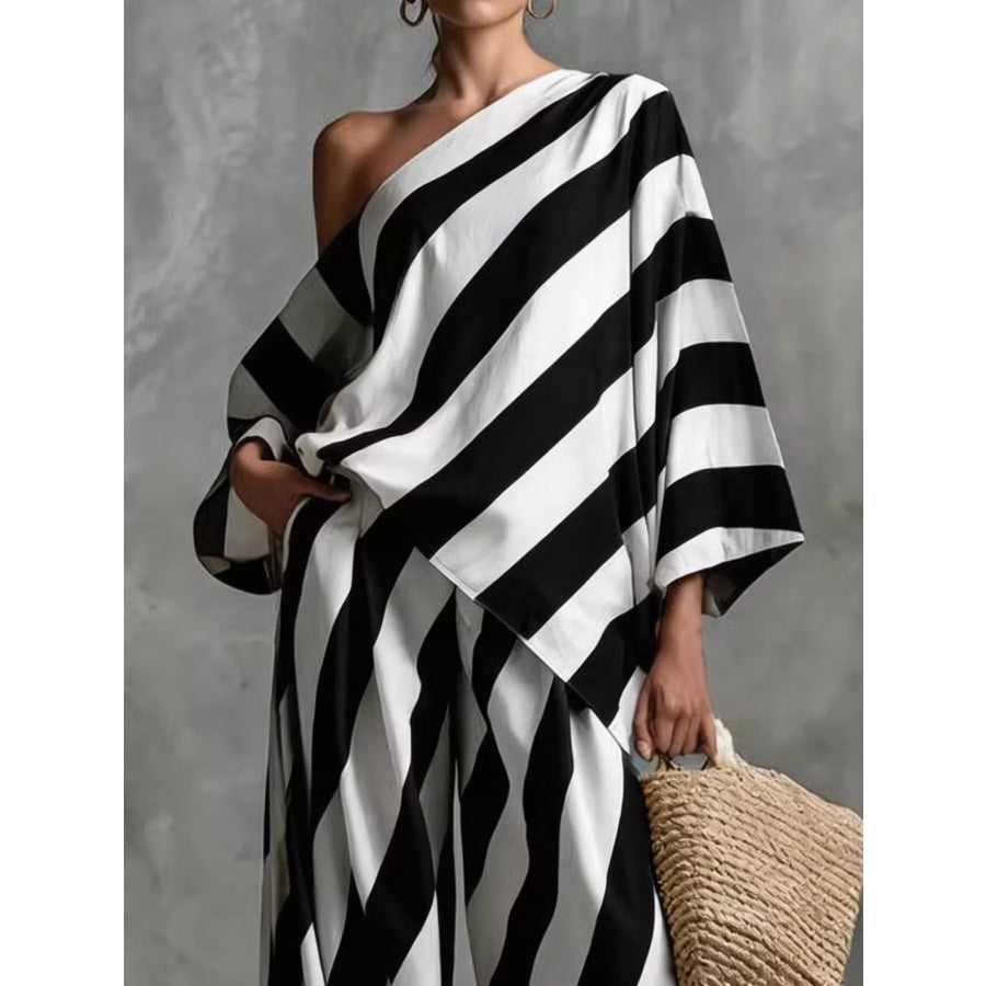 Full Size One-Shoulder Striped Top and Wide-Leg Pants Set Plus Size Black / S Apparel and Accessories