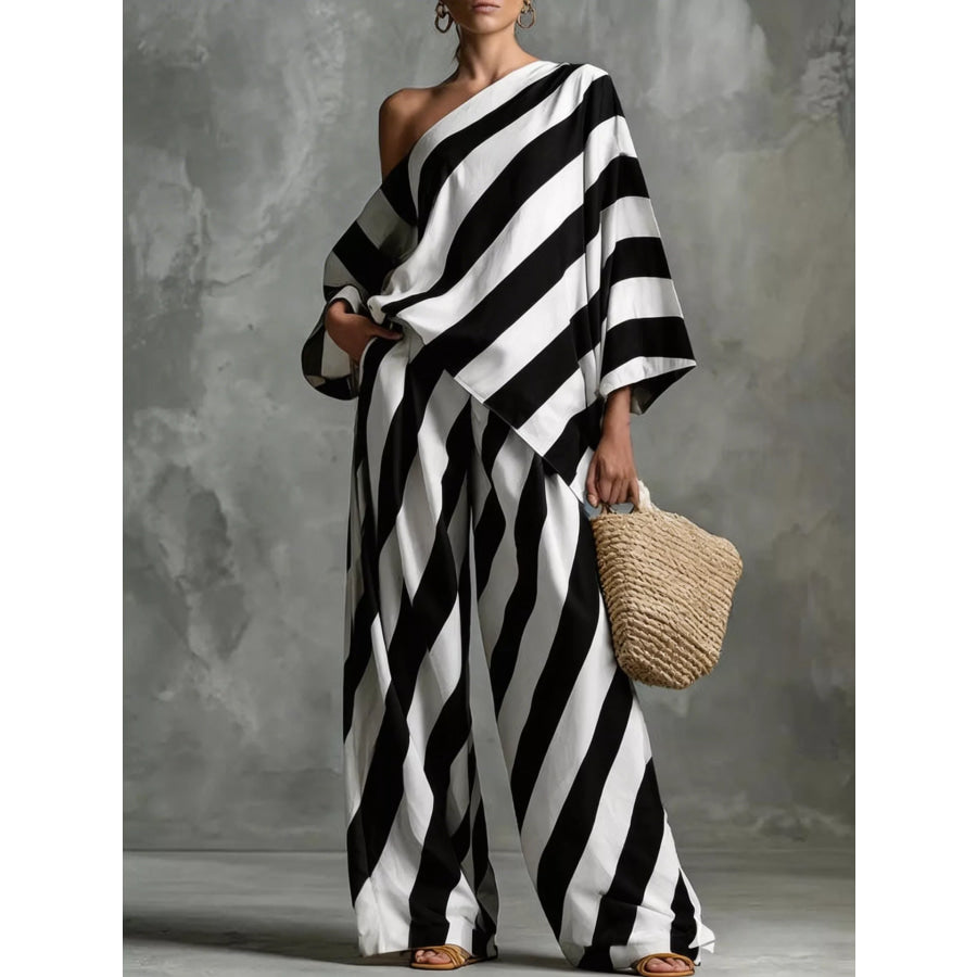 Full Size One-Shoulder Striped Top and Wide-Leg Pants Set Plus Size Black / S Apparel and Accessories