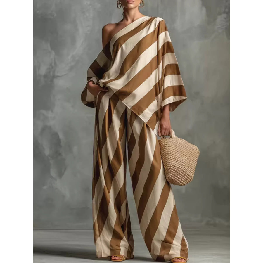 Full Size One-Shoulder Striped Top and Wide-Leg Pants Set Plus Size Camel / S Apparel and Accessories