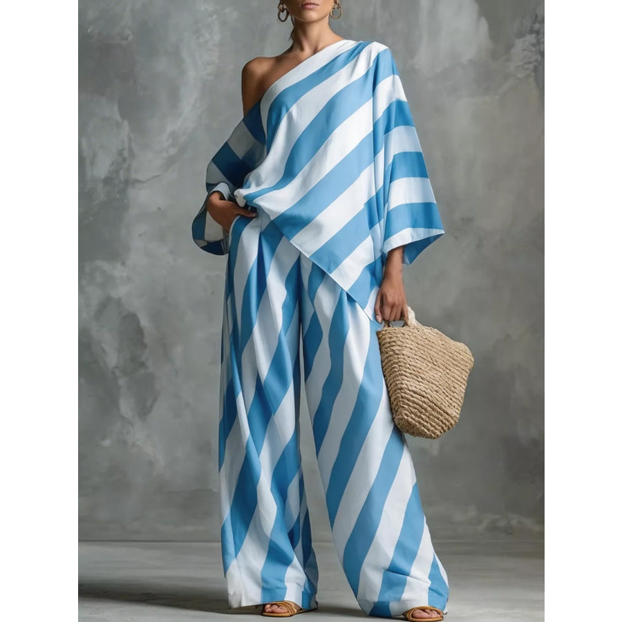 Full Size One-Shoulder Striped Top and Wide-Leg Pants Set Plus Size Light Blue / S Apparel and Accessories