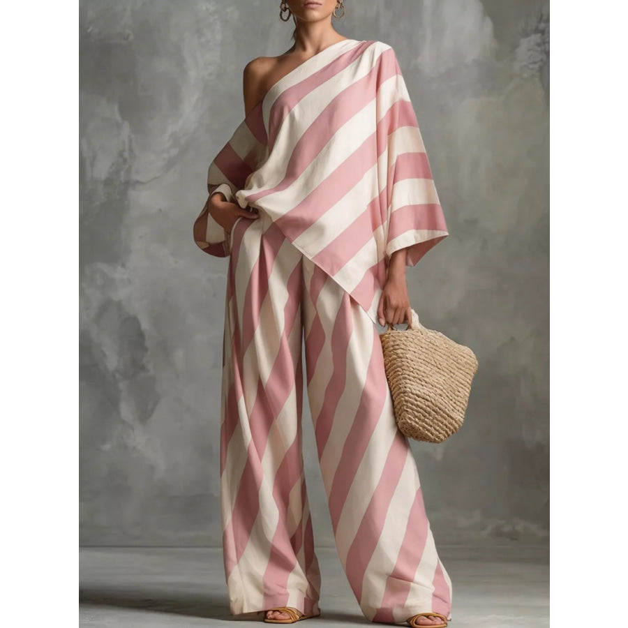 Full Size One-Shoulder Striped Top and Wide-Leg Pants Set Plus Size Pink / S Apparel and Accessories