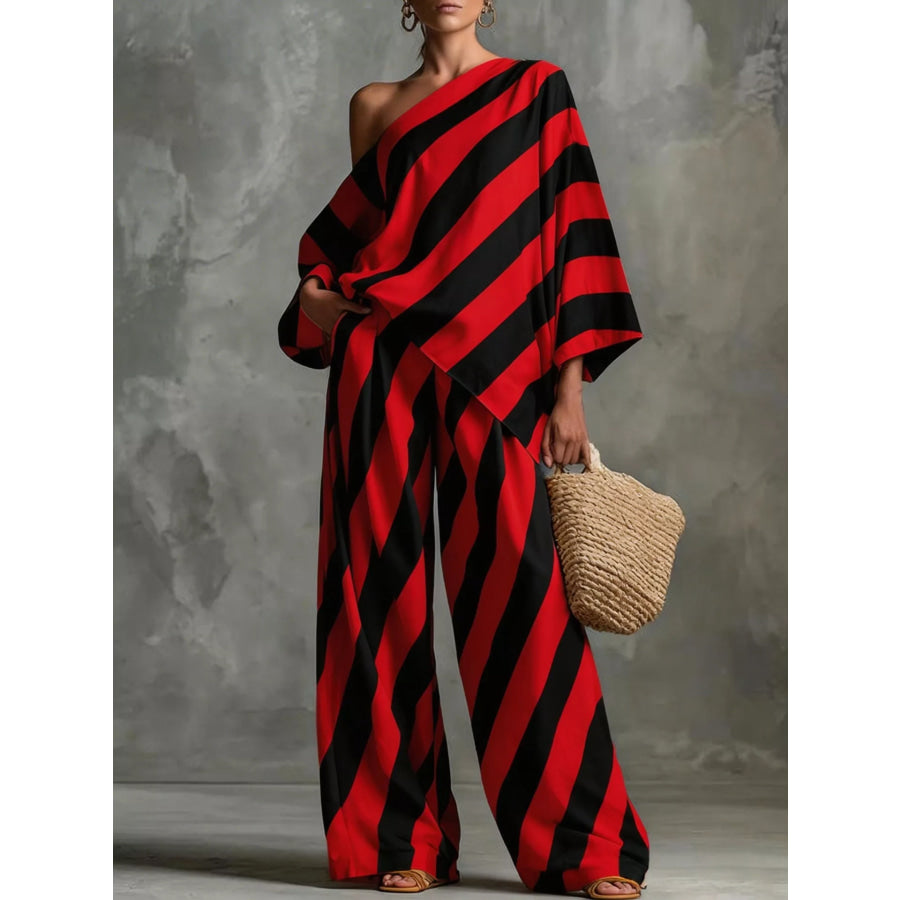 Full Size One-Shoulder Striped Top and Wide-Leg Pants Set Plus Size Red / S Apparel and Accessories