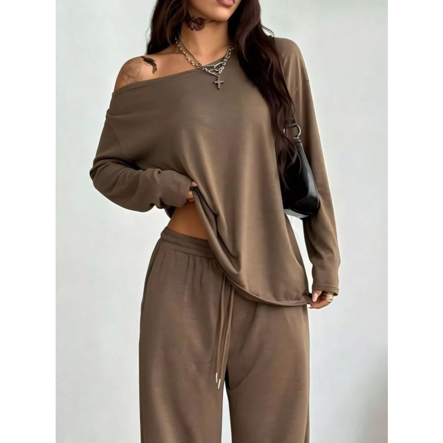 Full Size One-Shoulder Top and Drawstring Pants Set Plus Size Apparel and Accessories