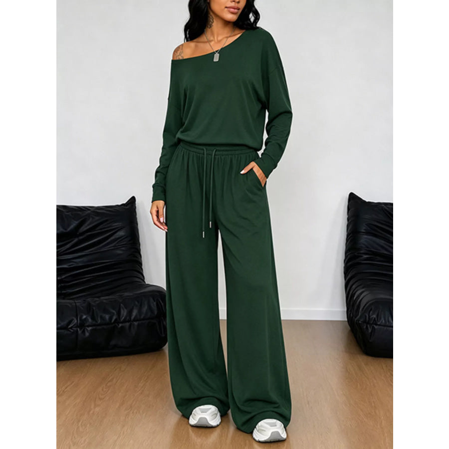 Full Size One-Shoulder Top and Drawstring Pants Set Plus Size Apparel and Accessories