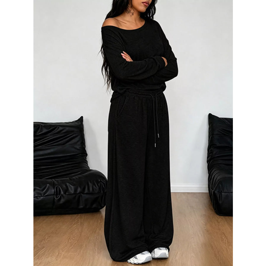 Full Size One-Shoulder Top and Drawstring Pants Set Plus Size Apparel and Accessories