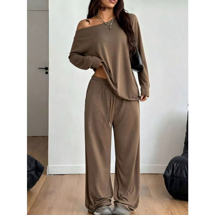 Full Size One-Shoulder Top and Drawstring Pants Set Plus Size Brown / S Apparel and Accessories