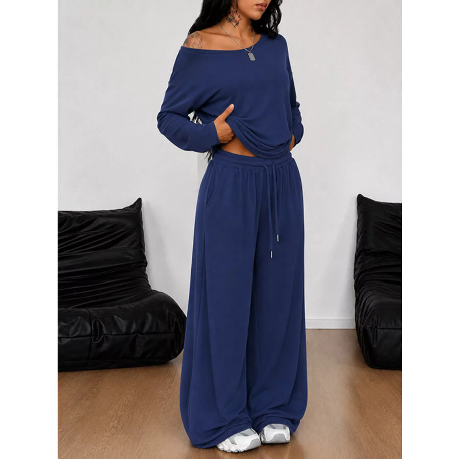 Full Size One-Shoulder Top and Drawstring Pants Set Plus Size Dark Blue / S Apparel and Accessories