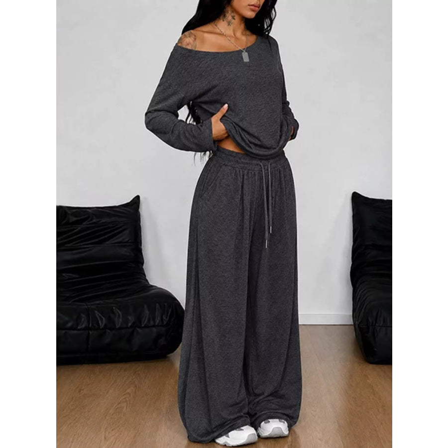 Full Size One-Shoulder Top and Drawstring Pants Set Plus Size Dark Gray / S Apparel and Accessories