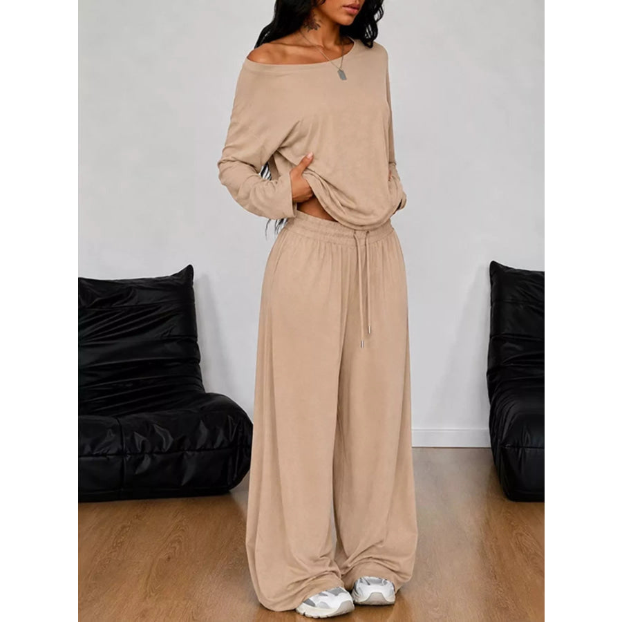 Full Size One-Shoulder Top and Drawstring Pants Set Plus Size Khaki / S Apparel and Accessories