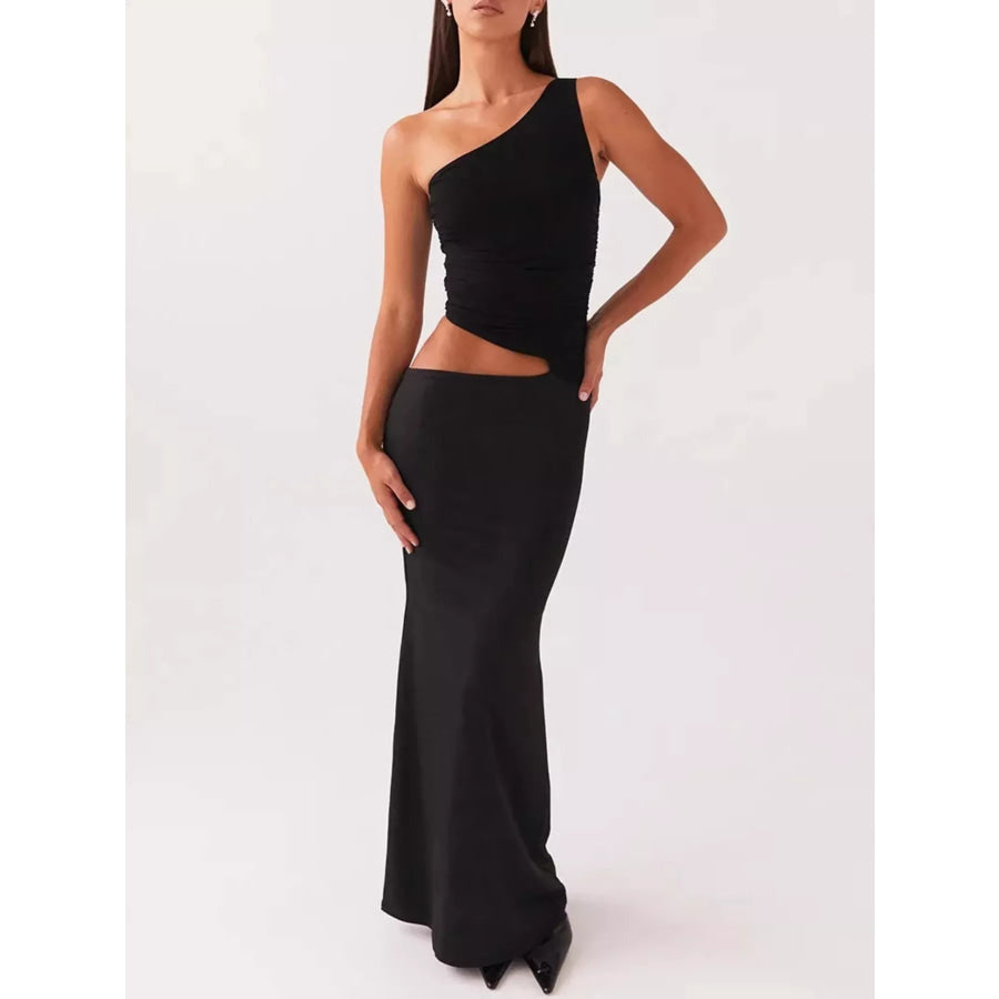 Full Size One-Shoulder Top and Maxi Skirt Set Plus Size Black / XS Apparel and Accessories