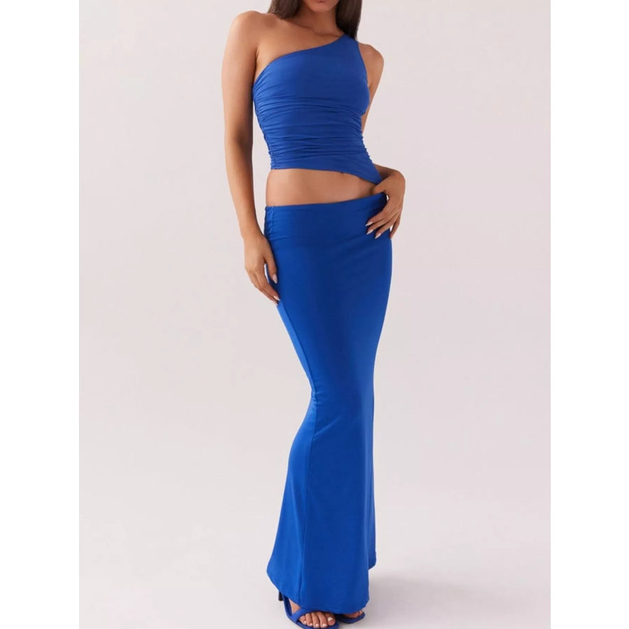 Full Size One-Shoulder Top and Maxi Skirt Set Plus Size Dark Blue / XS Apparel and Accessories