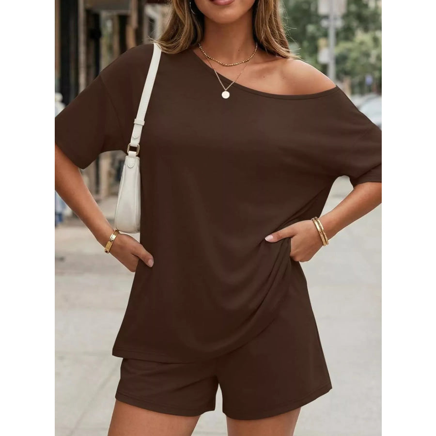 Full Size One Shoulder Top and Shorts Set Plus Size Apparel and Accessories