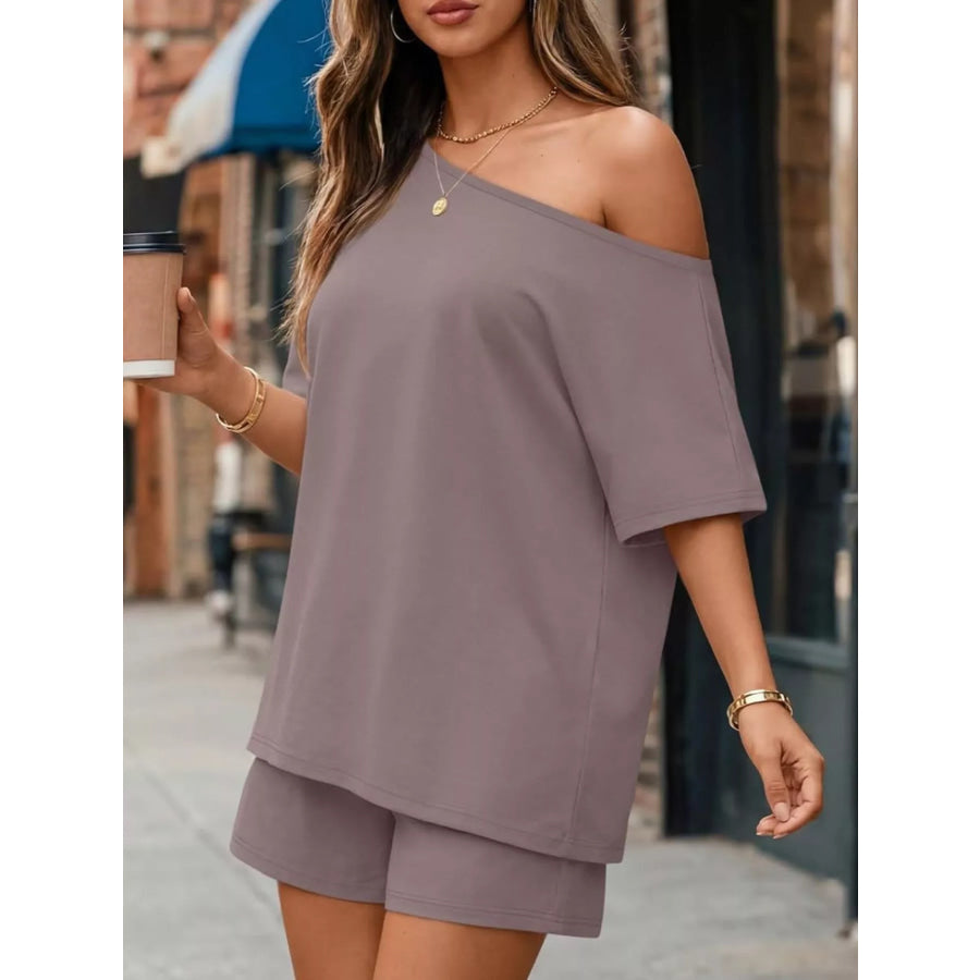 Full Size One Shoulder Top and Shorts Set Plus Size Apparel and Accessories
