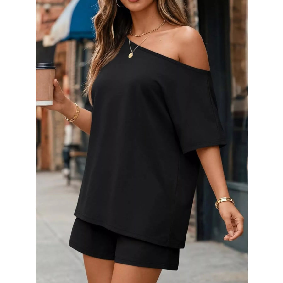 Full Size One Shoulder Top and Shorts Set Plus Size Apparel and Accessories
