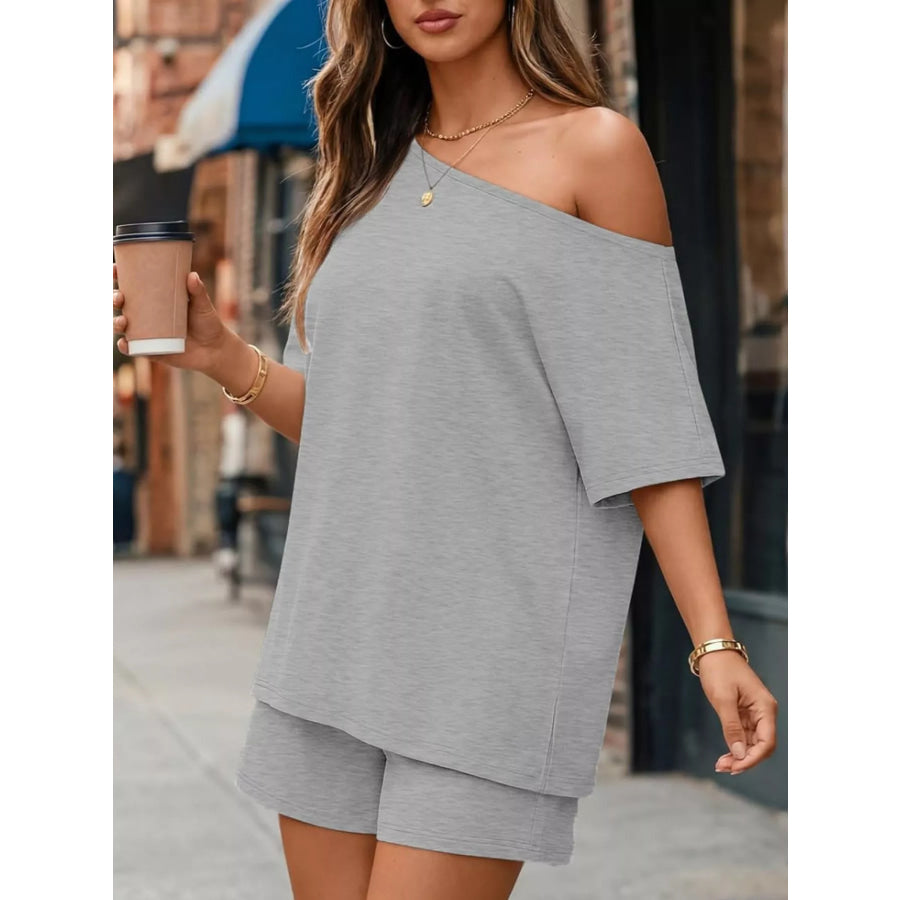 Full Size One Shoulder Top and Shorts Set Plus Size Apparel and Accessories