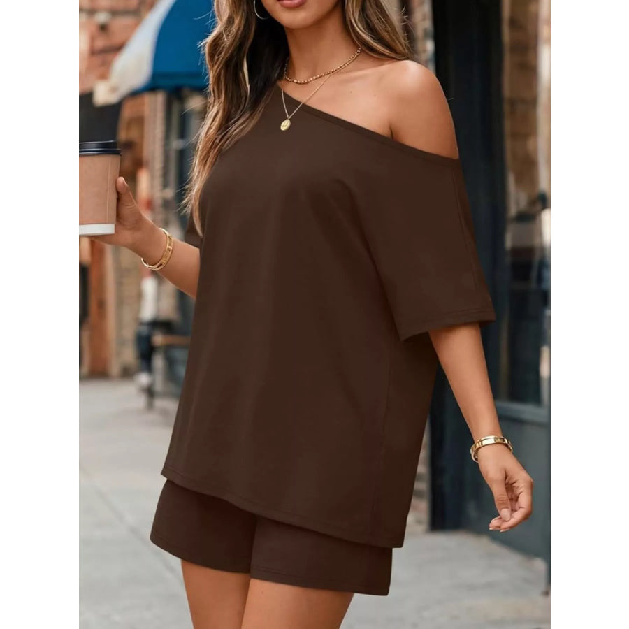 Full Size One Shoulder Top and Shorts Set Plus Size Apparel and Accessories