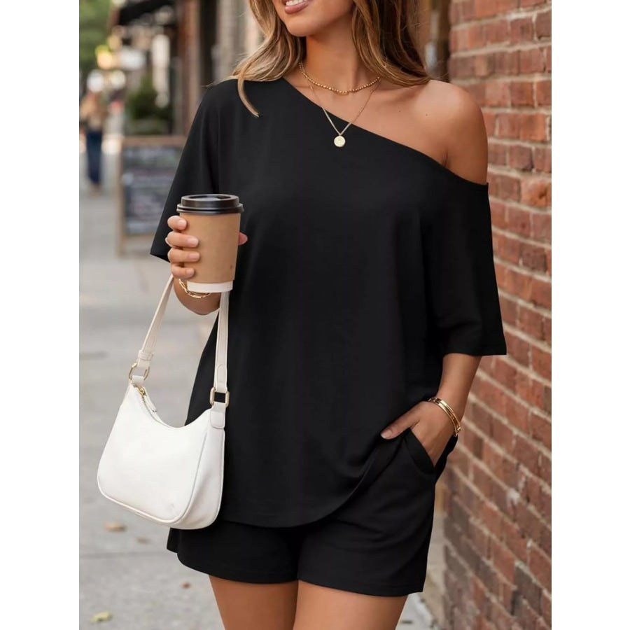 Full Size One Shoulder Top and Shorts Set Plus Size Apparel and Accessories
