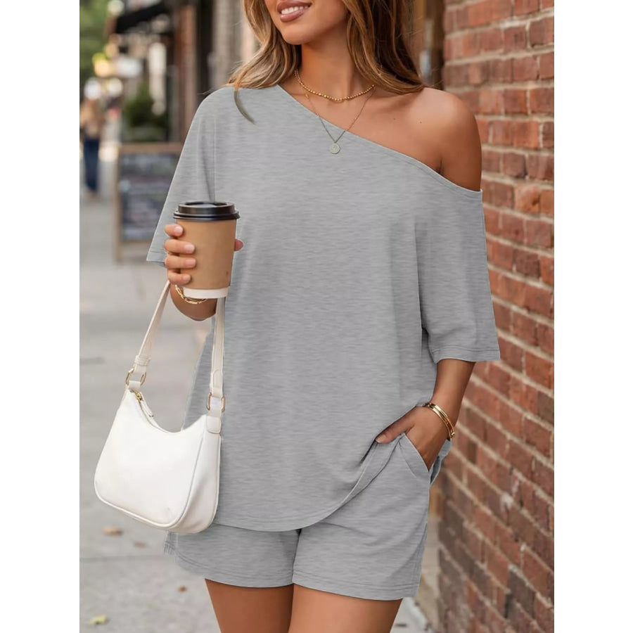 Full Size One Shoulder Top and Shorts Set Plus Size Apparel and Accessories