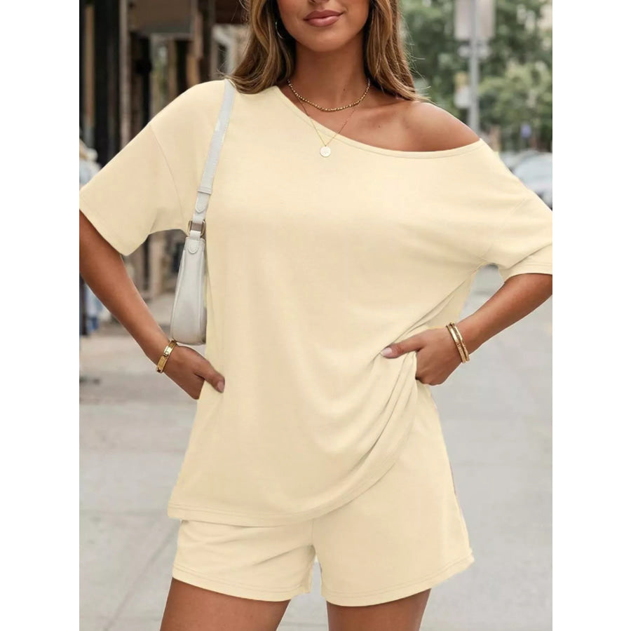 Full Size One Shoulder Top and Shorts Set Plus Size Apricot / S Apparel and Accessories