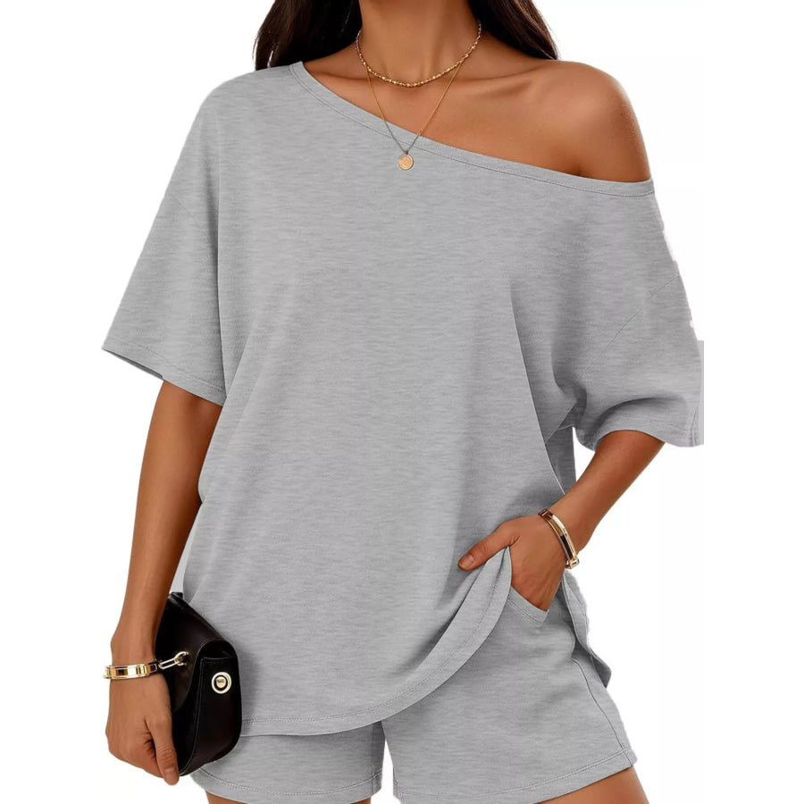 Full Size One Shoulder Top and Shorts Set Plus Size Light Gray / S Apparel and Accessories