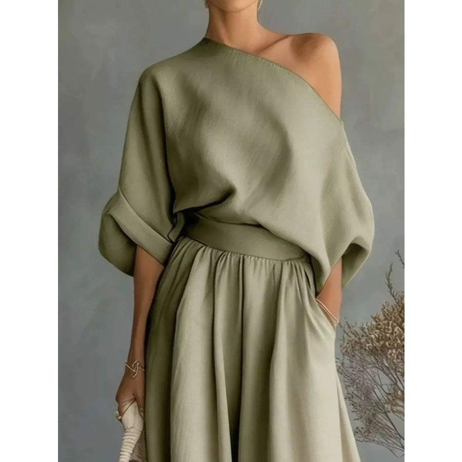 Full Size One Shoulder Top and Wide Leg Pants Set Plus Size Apparel and Accessories