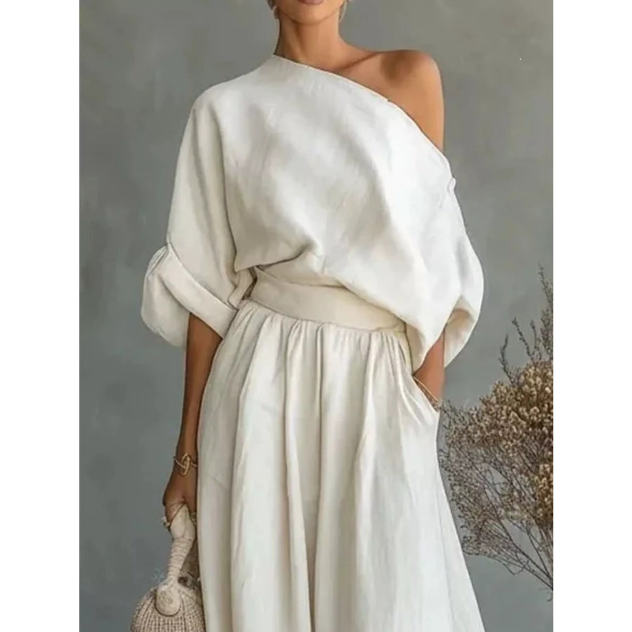 Full Size One Shoulder Top and Wide Leg Pants Set Plus Size White / S Apparel and Accessories