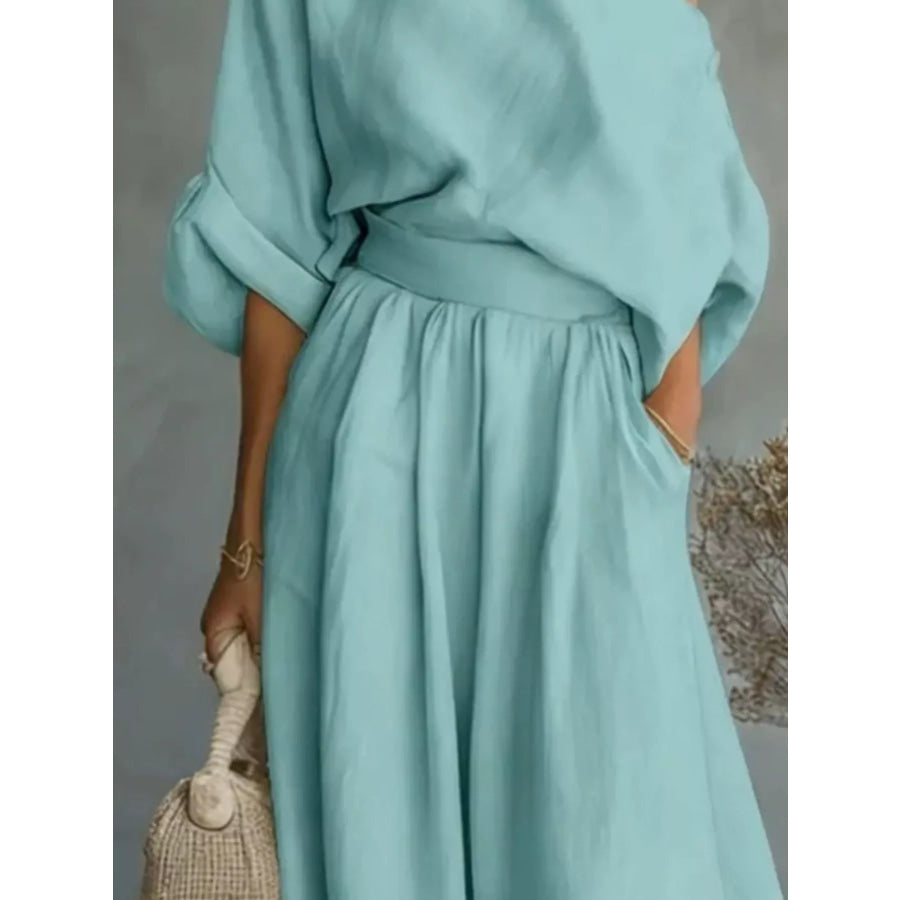 Full Size One Shoulder Top and Wide Leg Pants Set Plus Size Apparel and Accessories