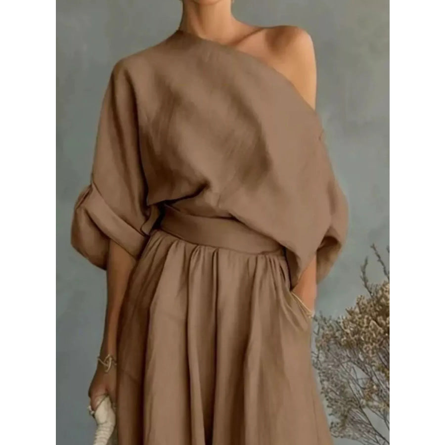 Full Size One Shoulder Top and Wide Leg Pants Set Plus Size Apparel and Accessories