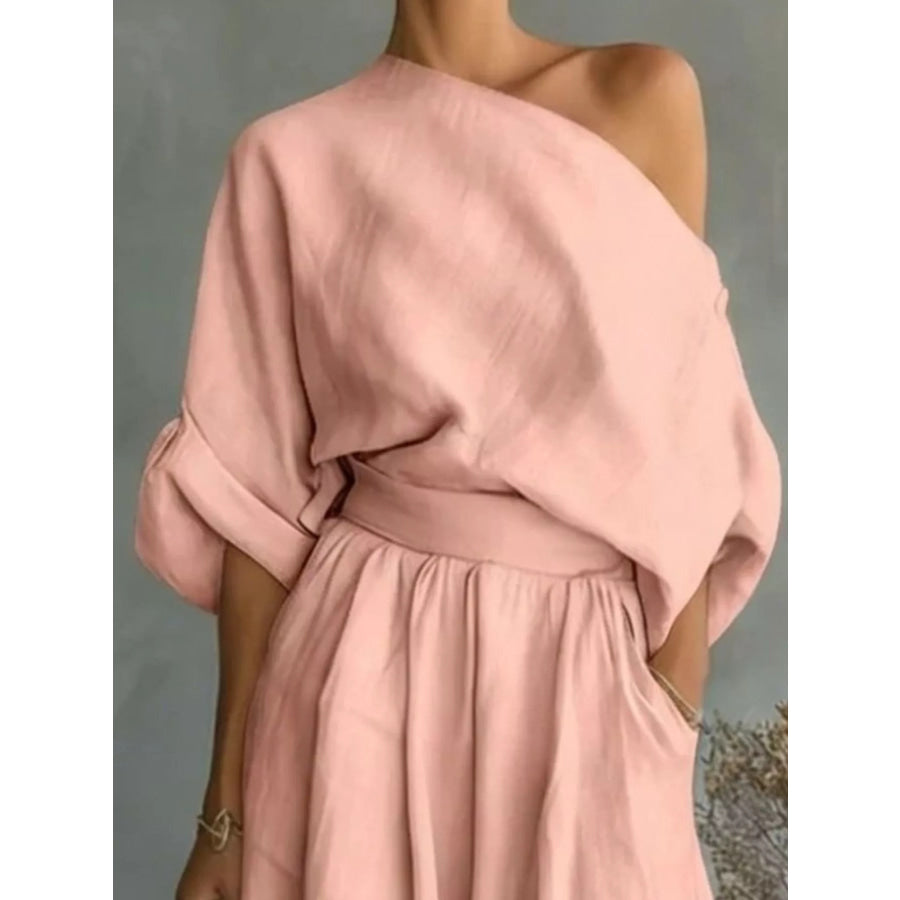 Full Size One Shoulder Top and Wide Leg Pants Set Plus Size Apparel and Accessories