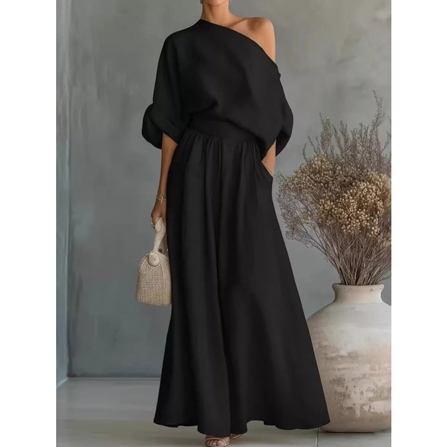 Full Size One Shoulder Top and Wide Leg Pants Set Plus Size Black / S Apparel and Accessories