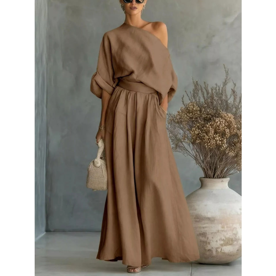 Full Size One Shoulder Top and Wide Leg Pants Set Plus Size Brown / S Apparel and Accessories