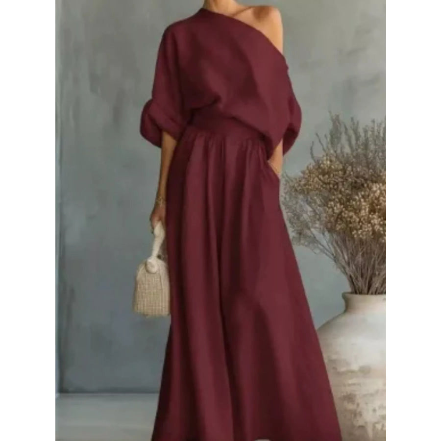 Full Size One Shoulder Top and Wide Leg Pants Set Plus Size Burgundy / S Apparel and Accessories