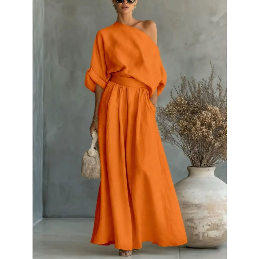 Full Size One Shoulder Top and Wide Leg Pants Set Plus Size Orange / S Apparel and Accessories
