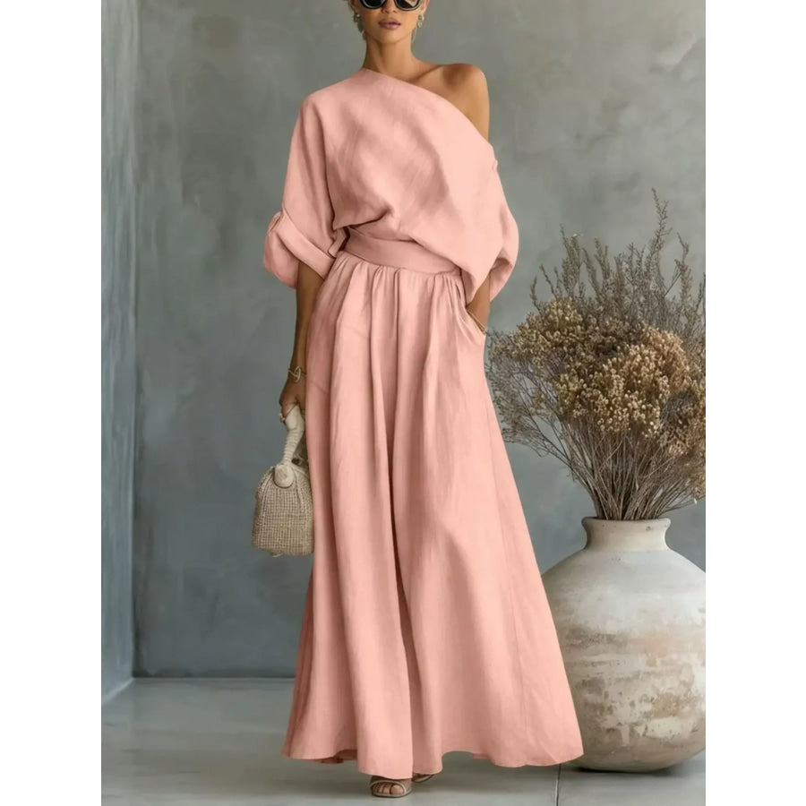 Full Size One Shoulder Top and Wide Leg Pants Set Plus Size Pink / S Apparel and Accessories