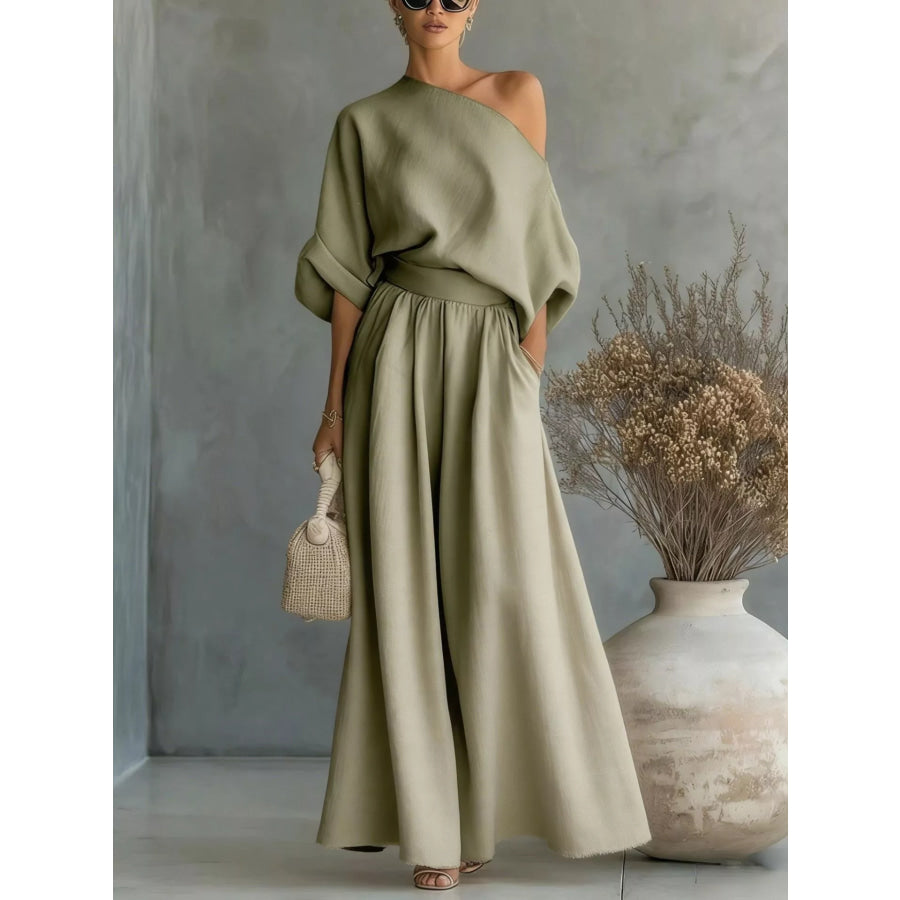 Full Size One Shoulder Top and Wide Leg Pants Set Plus Size Sage / S Apparel and Accessories