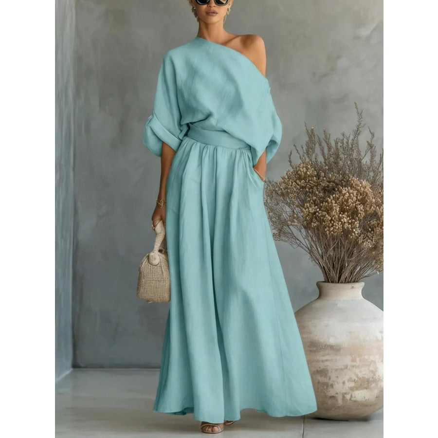 Full Size One Shoulder Top and Wide Leg Pants Set Plus Size Sky Blue / S Apparel and Accessories